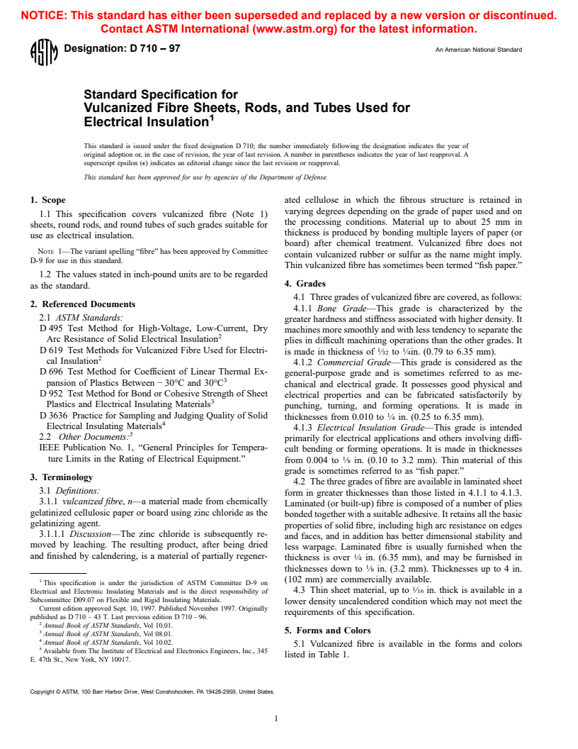 ASTM D710-97 - Standard Specification for Vulcanized Fibre Sheets, Rods, and Tubes Used for Electrical Insulation