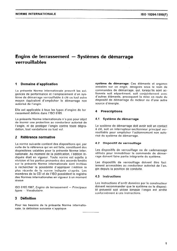 ISO 10264:1990 - Engins de terrassement -- Systemes de démarrage verrouillables