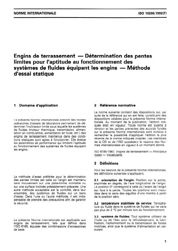 ISO 10266:1992 - Engins de terrassement -- Détermination des pentes limites pour l'aptitude au fonctionnement des systemes de fluides équipant les engins -- Méthode d'essai statique