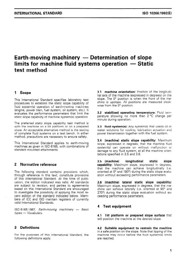 ISO 10266:1992 - Earth-moving machinery -- Determination of slope limits for machine fluid systems operation -- Static test method