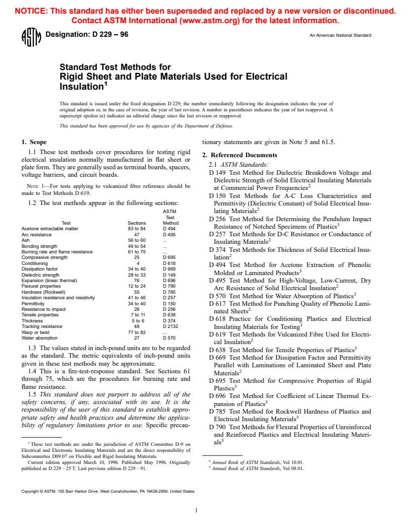 ASTM D229-96 - Standard Test Methods for Rigid Sheet and Plate Materials Used for Electrical Insulation