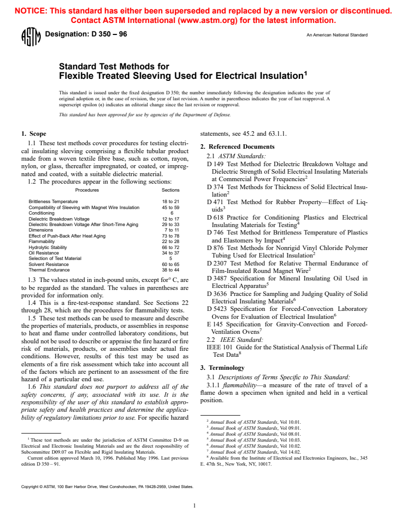 ASTM D350-96 - Standard Test Methods for Flexible Treated Sleeving Used for Electrical Insulation