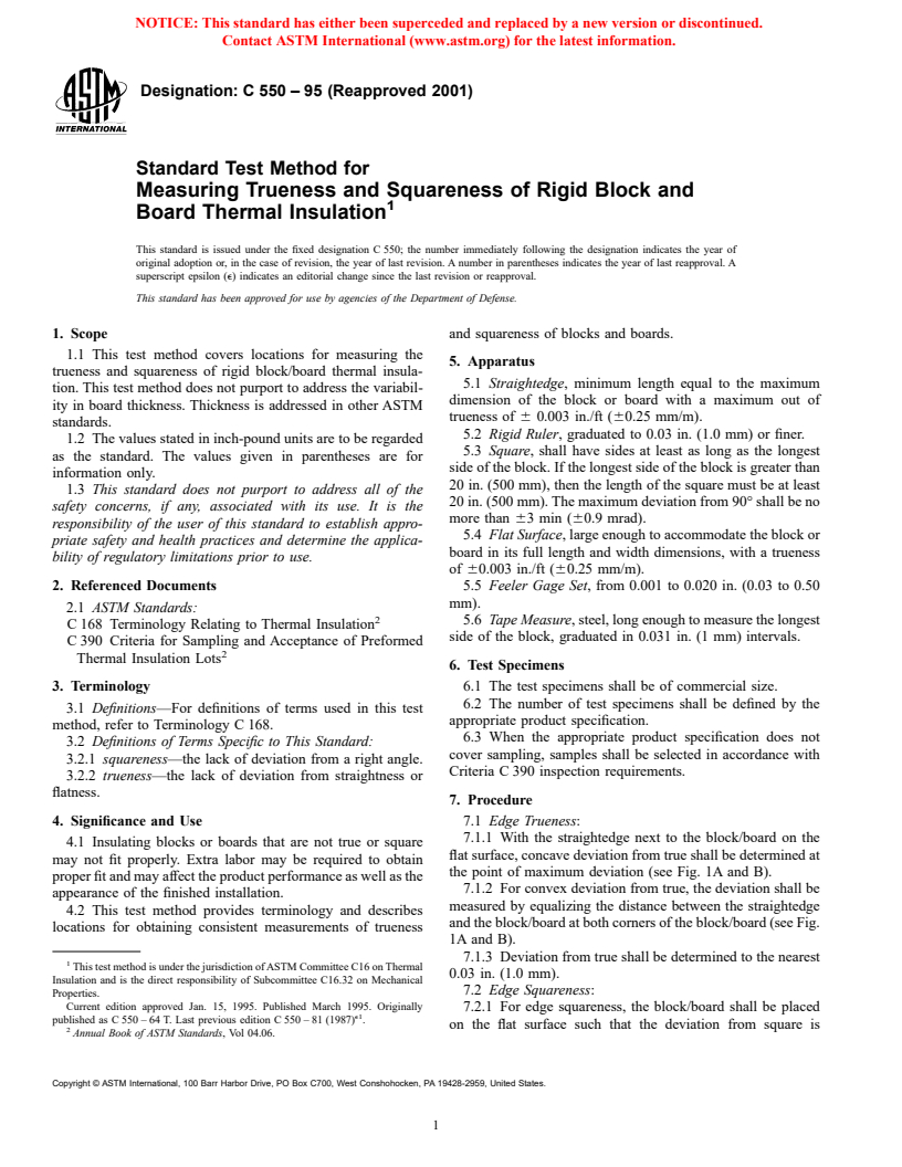 ASTM C550-95(2001) - Standard Test Method for Measuring Trueness and Squareness of Rigid Block and Board Thermal Insulation