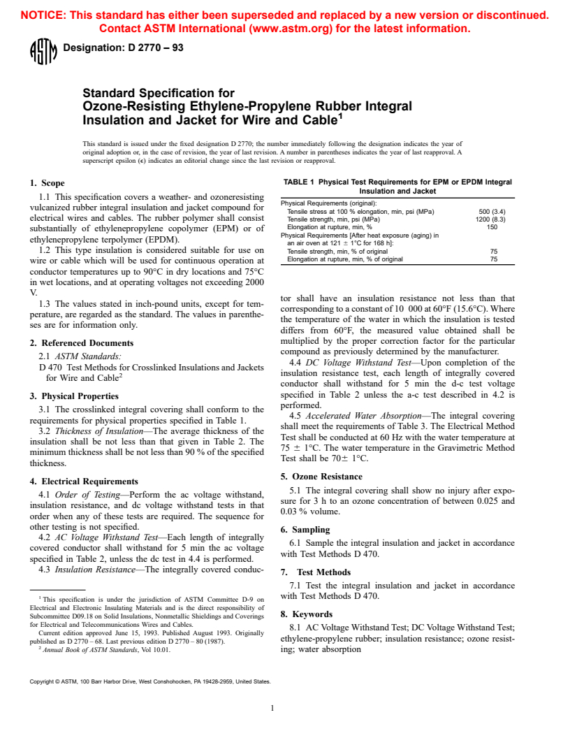ASTM D2770-93 - Standard Specification for Ozone-Resisting Ethylene-Propylene Rubber Integral Insulation and Jacket for Wire and Cable