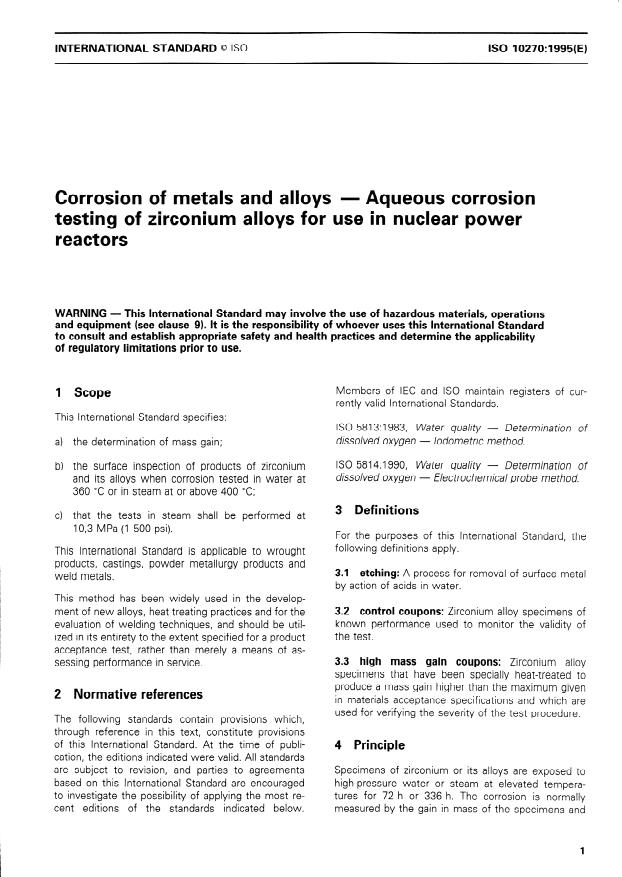 ISO 10270:1995 - Corrosion of metals and alloys -- Aqueous corrosion testing of zirconium alloys for use in nuclear power reactors