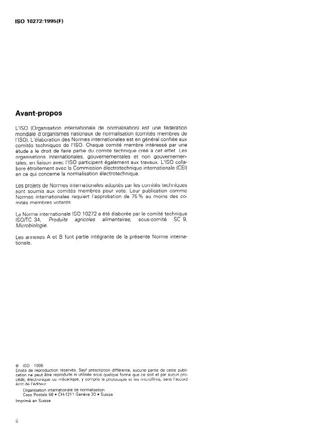 ISO 10272:1995 ISO 10272:1995 - Microbiologie des aliments -- Méthode horizontale pour la recherche de Campylobacter thermotolérants - Page 2 preview