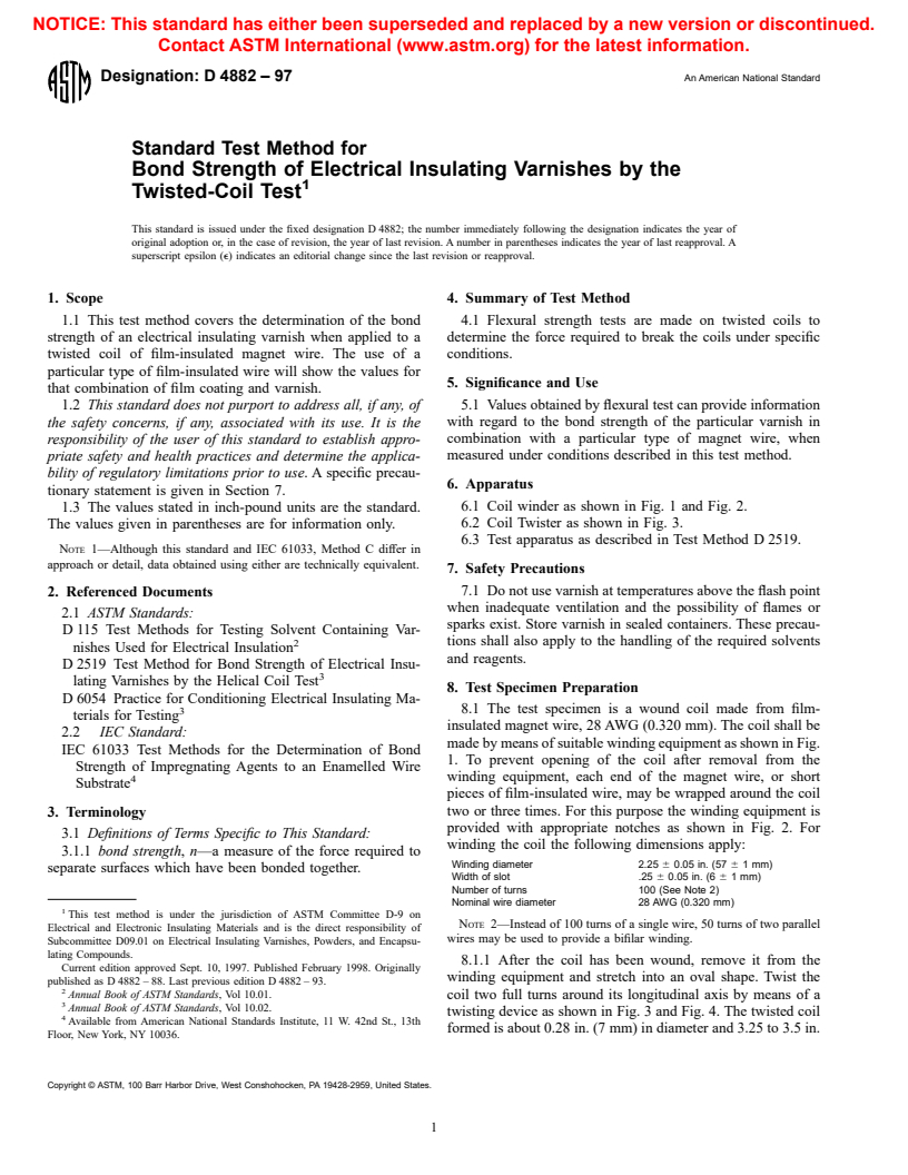 ASTM D4882-97 - Standard Test Method for Bond Strength of Electrical Insulating Varnishes by the Twisted-Coil Test