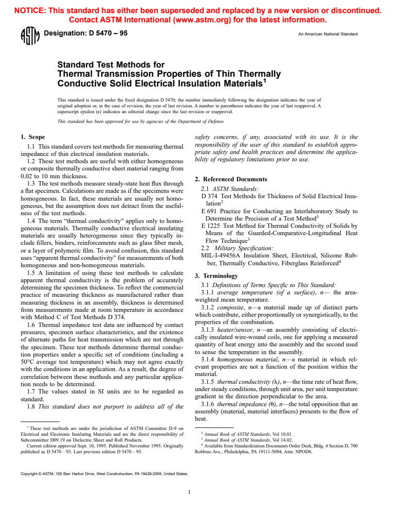 ASTM D5470-95 - Standard Test Methods for Thermal Transmission Properties of Thin Thermally Conductive Solid Electrical Insulation Materials