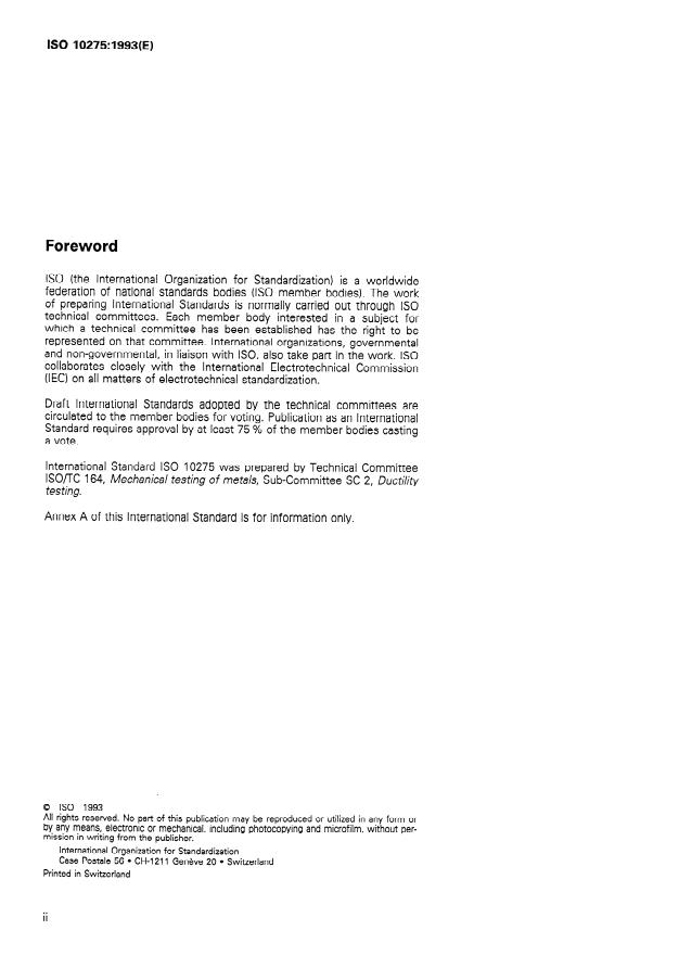 ISO 10275:1993 ISO 10275:1993 - Metallic materials -- Sheet and strip -- Determination of tensile strain hardening exponent - Page 2 preview