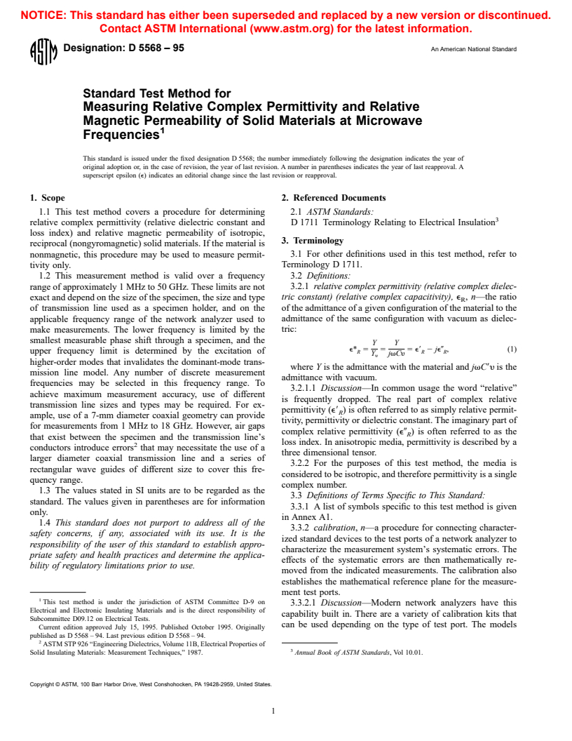 ASTM D5568-95 - Standard Test Method for Measuring Relative Complex Permittivity and Relative Magnetic Permeability of Solid Materials at Microwave Frequencies