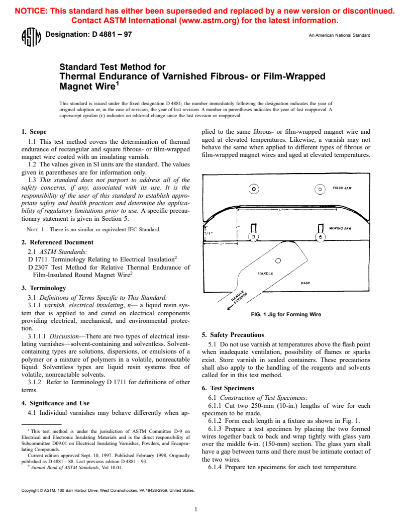 ASTM D4881-97 - Standard Test Method for Thermal Endurance of Varnished Fibrous- or Film-Wrapped Magnet Wire