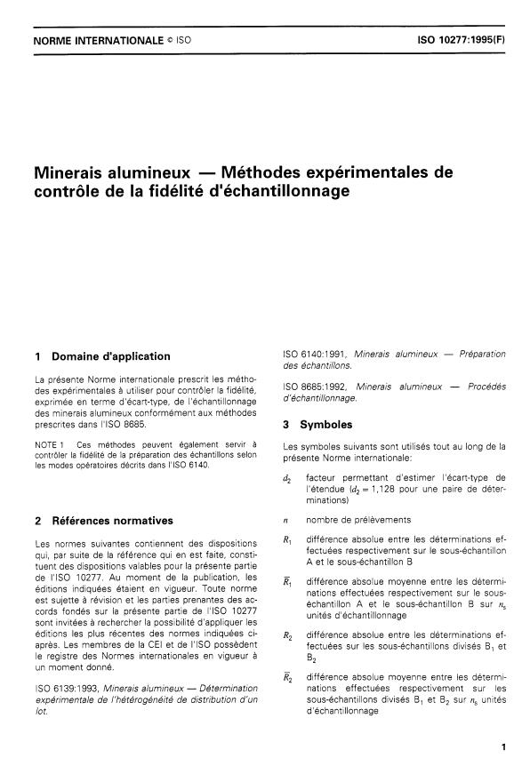 ISO 10277:1995 - Minerais alumineux -- Méthodes expérimentales de contrôle de la fidélité d'échantillonnage