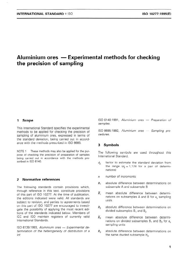 ISO 10277:1995 - Aluminium ores -- Experimental methods for checking the precision of sampling