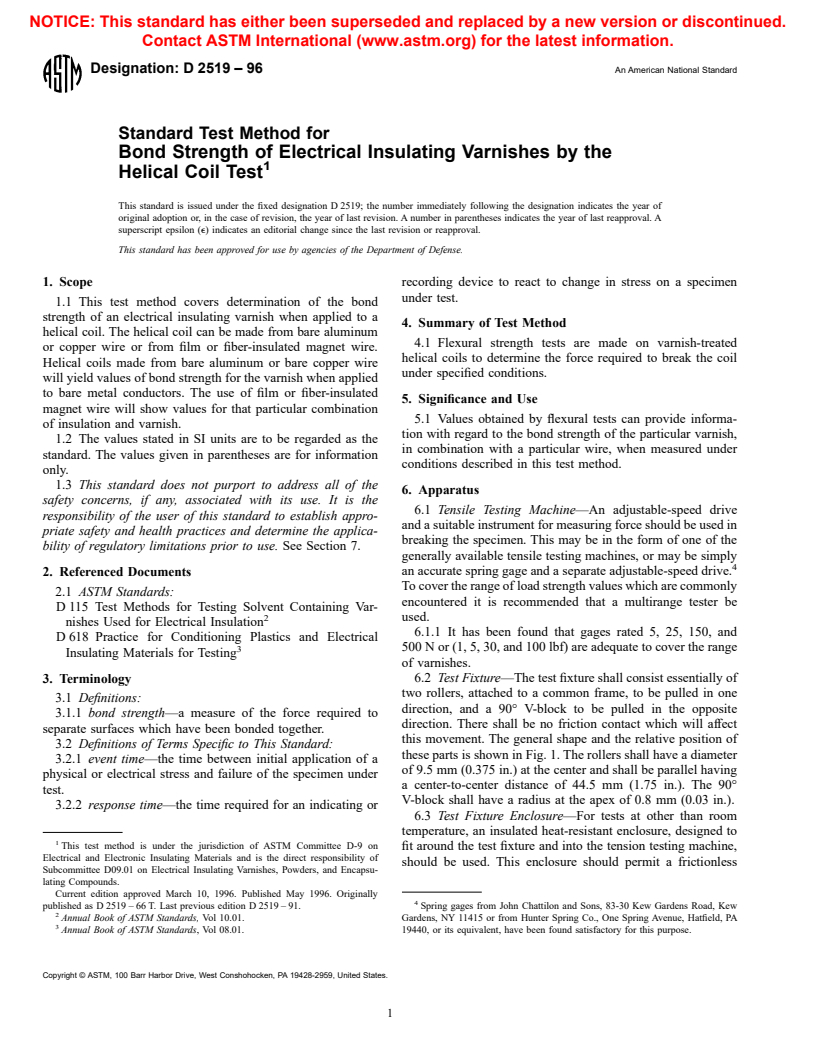 ASTM D2519-96 - Standard Test Method for Bond Strength of Electrical Insulating Varnishes by the Helical Coil Test