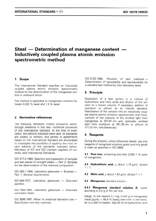 ISO 10278:1995 - Steel -- Determination of manganese content -- Inductively coupled plasma atomic emission spectrometric method