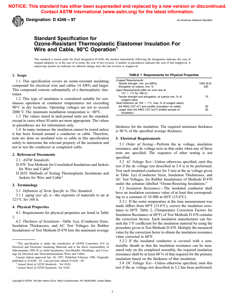 ASTM D4246-97 - Standard Specification for Ozone-Resistant Thermoplastic Elastomer Insulation For Wire and Cable, 90&#176C Operation