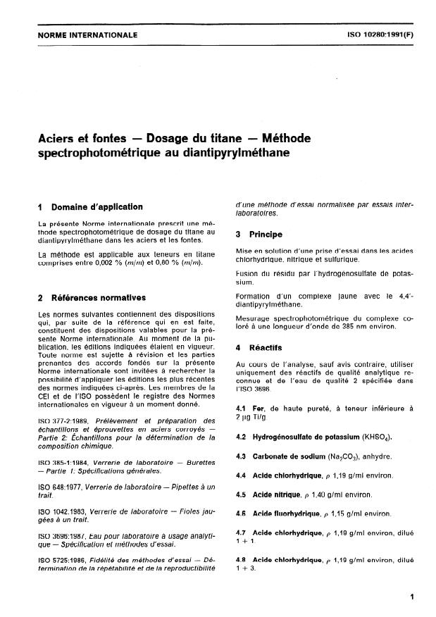 ISO 10280:1991 - Aciers et fontes -- Dosage du titane -- Méthode spectrophotométrique au diantipyrylméthane