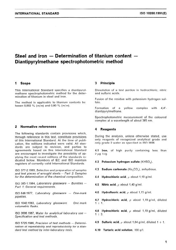 ISO 10280:1991 - Steel and iron -- Determination of titanium content -- Diantipyrylmethane spectrometric method