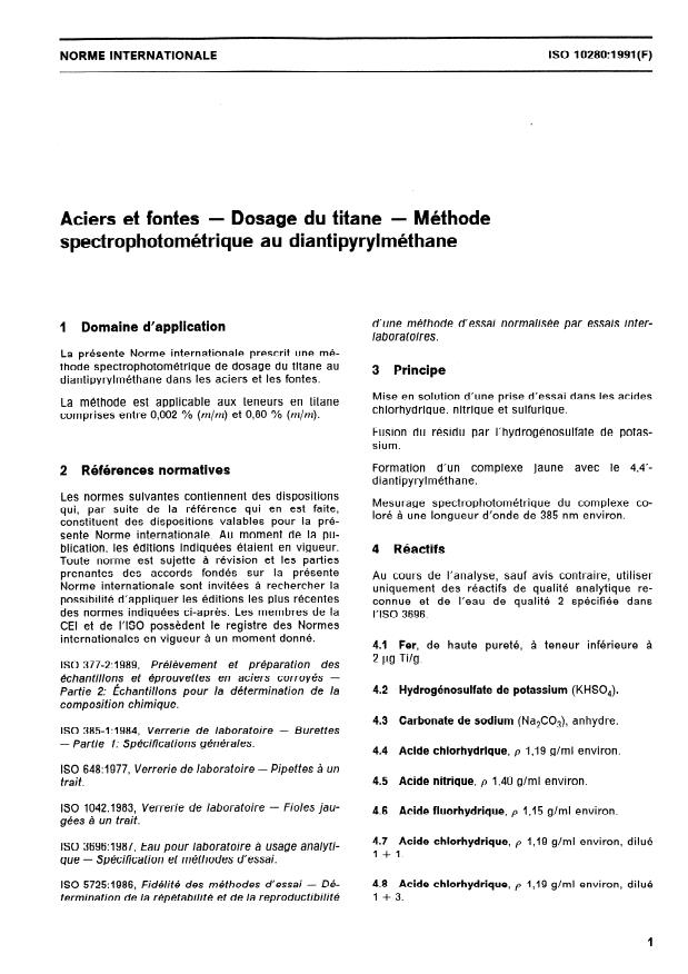 ISO 10280:1991 - Aciers et fontes -- Dosage du titane -- Méthode spectrophotométrique au diantipyrylméthane