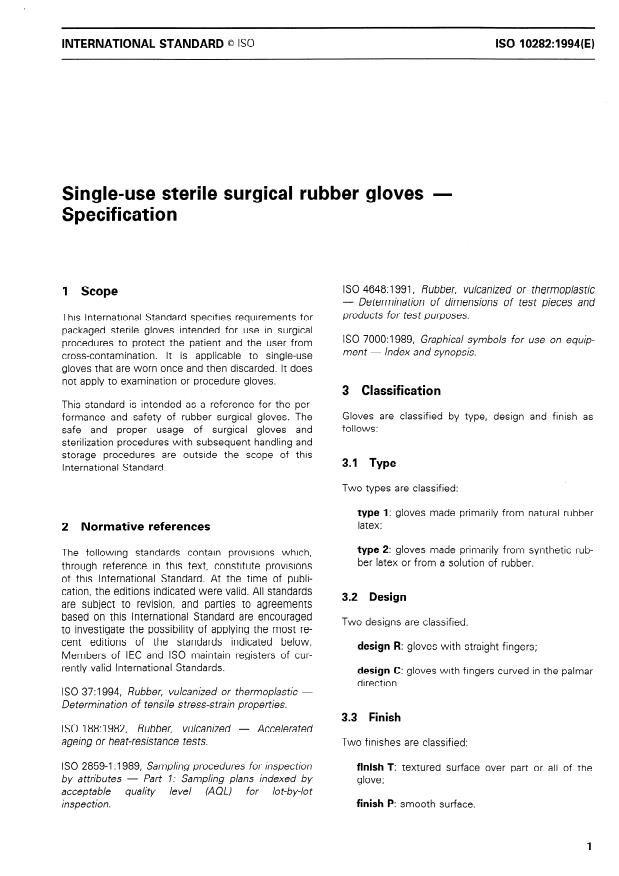 ISO 10282:1994 - Single-use sterile surgical rubber gloves -- Specification