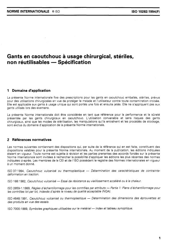 ISO 10282:1994 - Gants en caoutchouc a usage chirurgical, stériles, non réutilisables -- Spécification