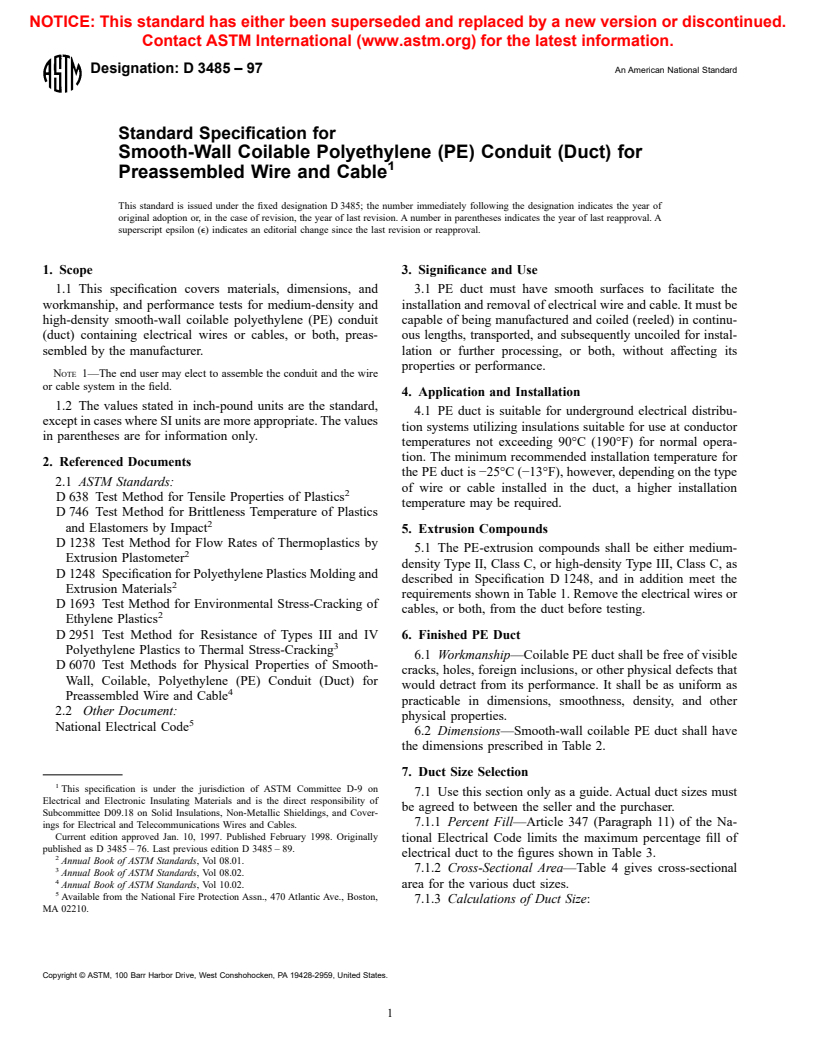 ASTM D3485-97 - Standard Specification for Smooth-Wall Coilable Polyethylene (PE) Conduit (Duct) for Preassembled Wire and Cable