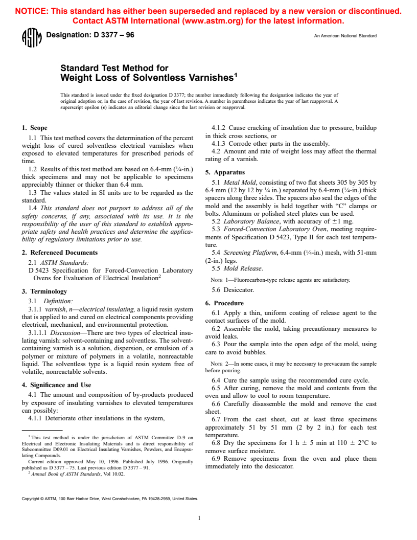 ASTM D3377-96 - Standard Test Method for Weight Loss of Solventless Varnishes