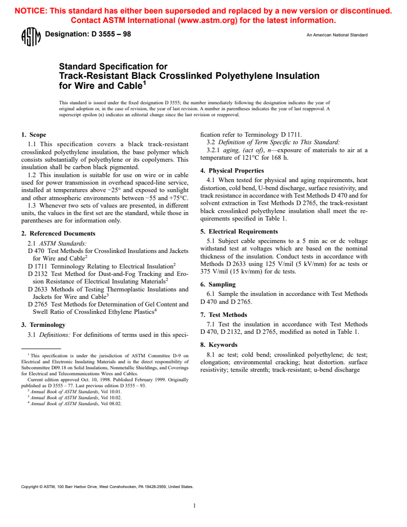 ASTM D3555-98 - Standard Specification for Track-Resistant Black Crosslinked Polyethylene Insulation for Wire and Cable, 90<sup>o</sup>C Operation