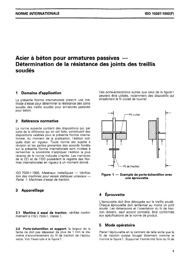 ISO 10287:1992 - Acier a béton pour armatures passives -- Détermination de la résistance des joints des treillis soudés