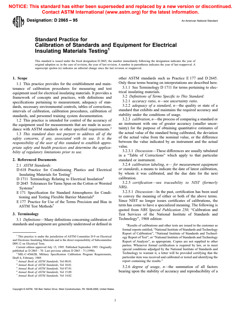ASTM D2865-95 - Standard Practice for Calibration of Standards and Equipment for Electrical Insulating Materials Testing