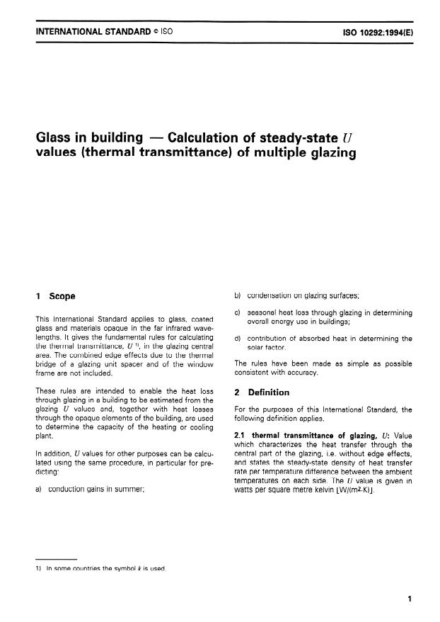 ISO 10292:1994 - Glass in building -- Calculation of steady-state U values (thermal transmittance) of multiple glazing