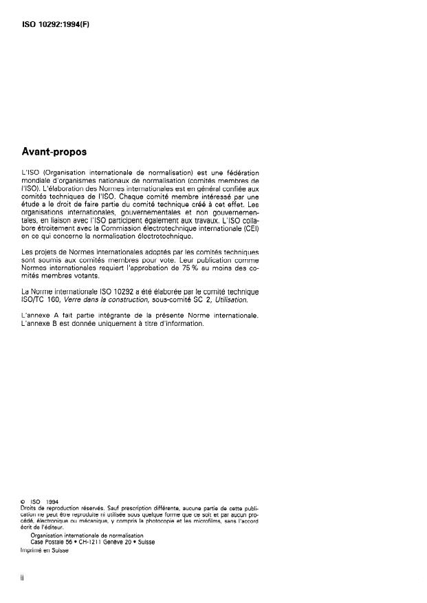 ISO 10292:1994 ISO 10292:1994 - Verre dans la construction -- Calcul du coefficient de transmission thermique U, en régime stationnaire des vitrages multiples - Page 2 preview