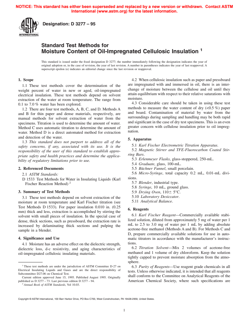 ASTM D3277-95 - Standard Test Methods for Moisture Content of Oil-Impregnated Cellulosic Insulation