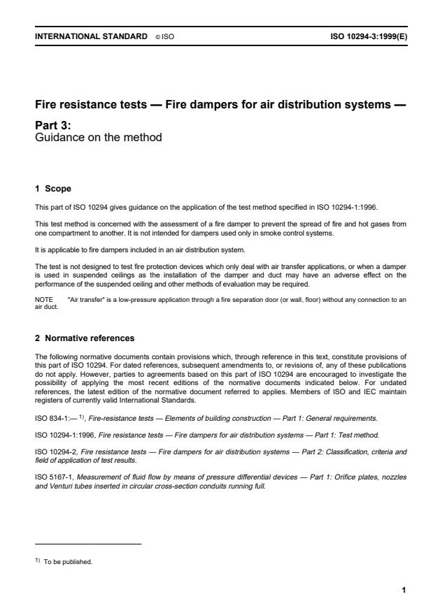 ISO 10294-3:1999 - Fire resistance tests -- Fire dampers for air distribution systems