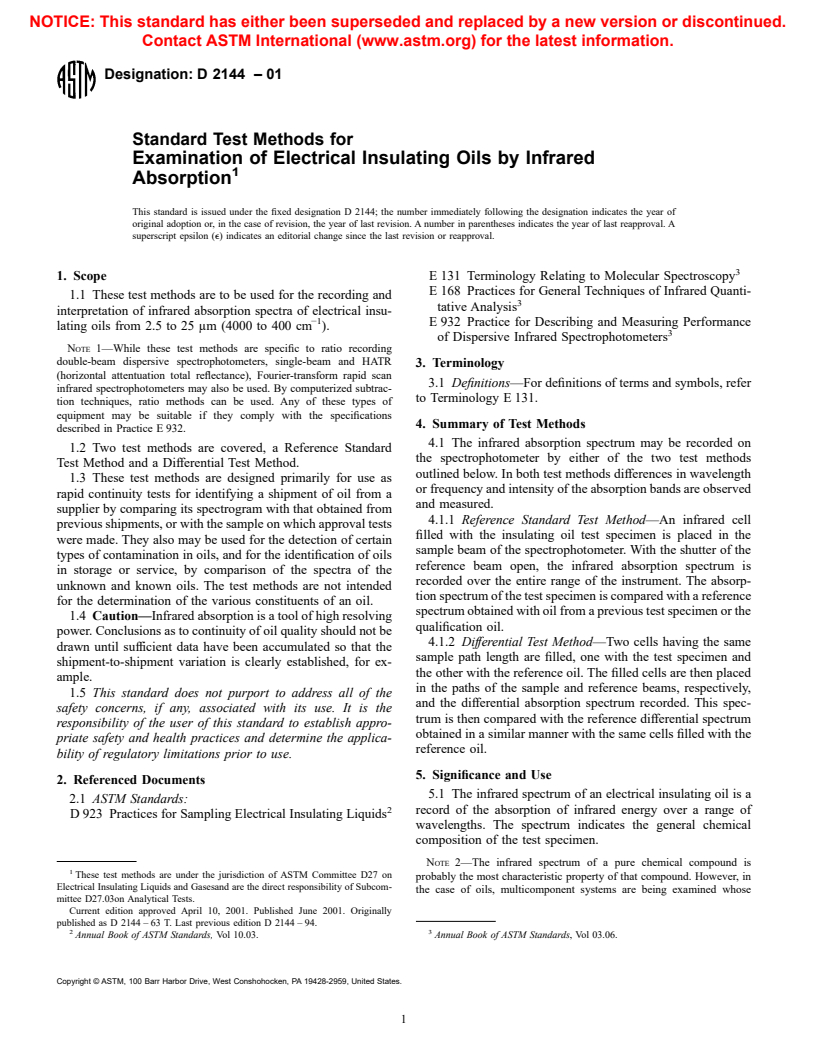 ASTM D2144-01 - Standard Test Methods for Examination of Electrical Insulating Oils by Infrared Absorption