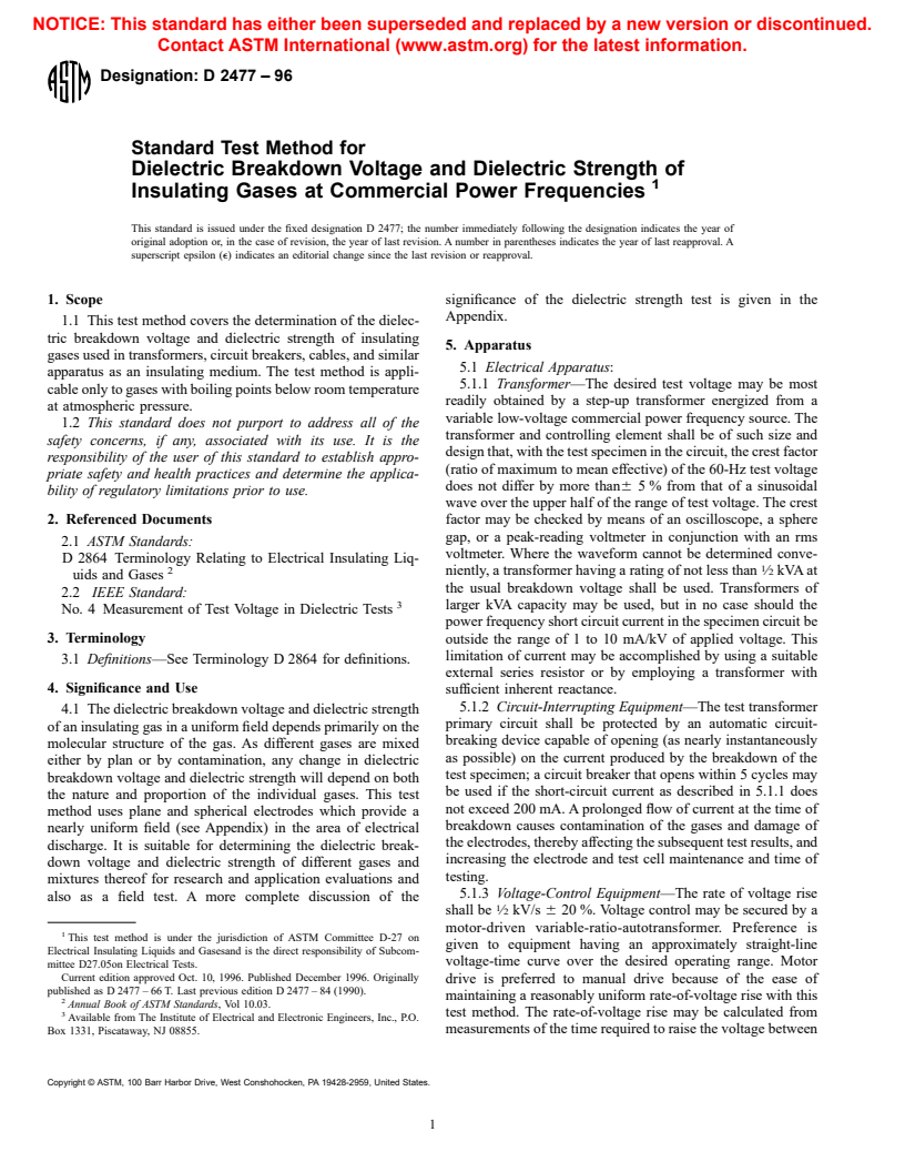 ASTM D2477-96 - Standard Test Method for Dielectric Breakdown Voltage and Dielectric Strength of Insulating Gases at Commercial Power Frequencies