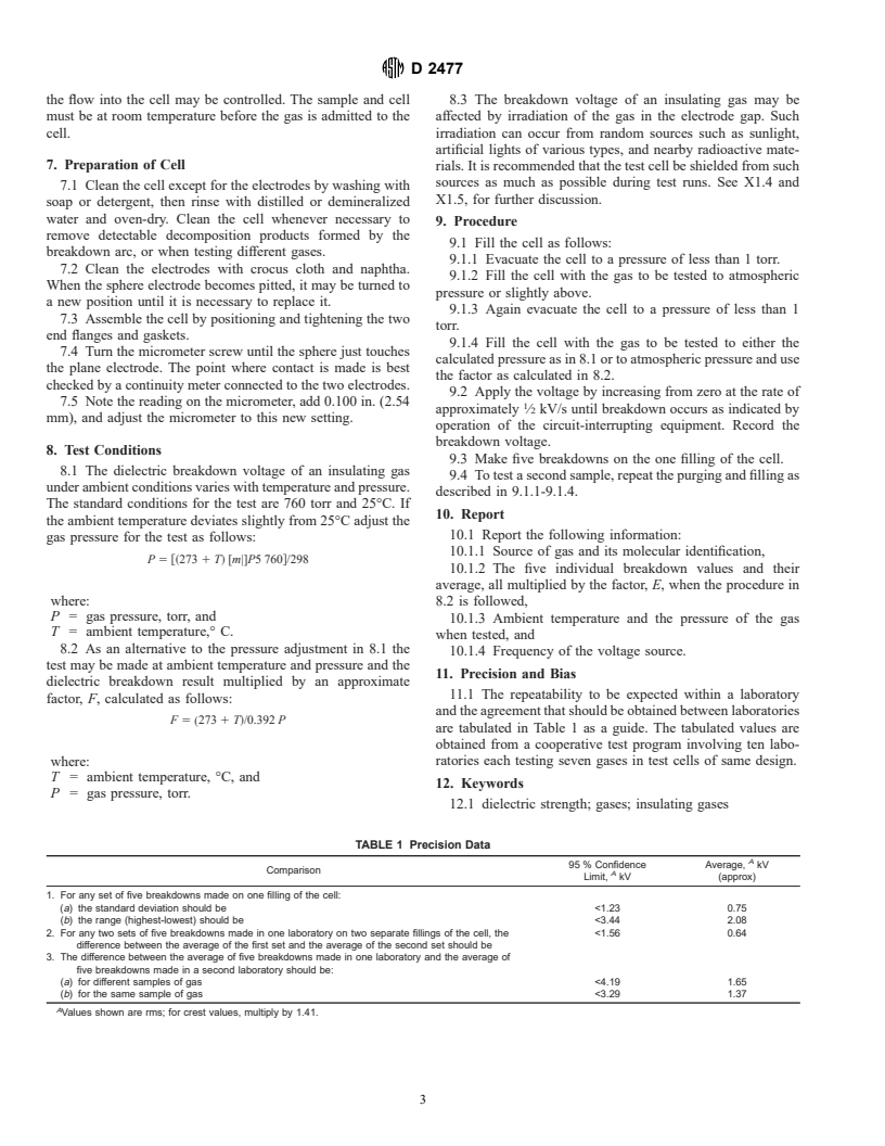 ASTM D2477-96 - Standard Test Method for Dielectric Breakdown Voltage and Dielectric Strength of Insulating Gases at Commercial Power Frequencies