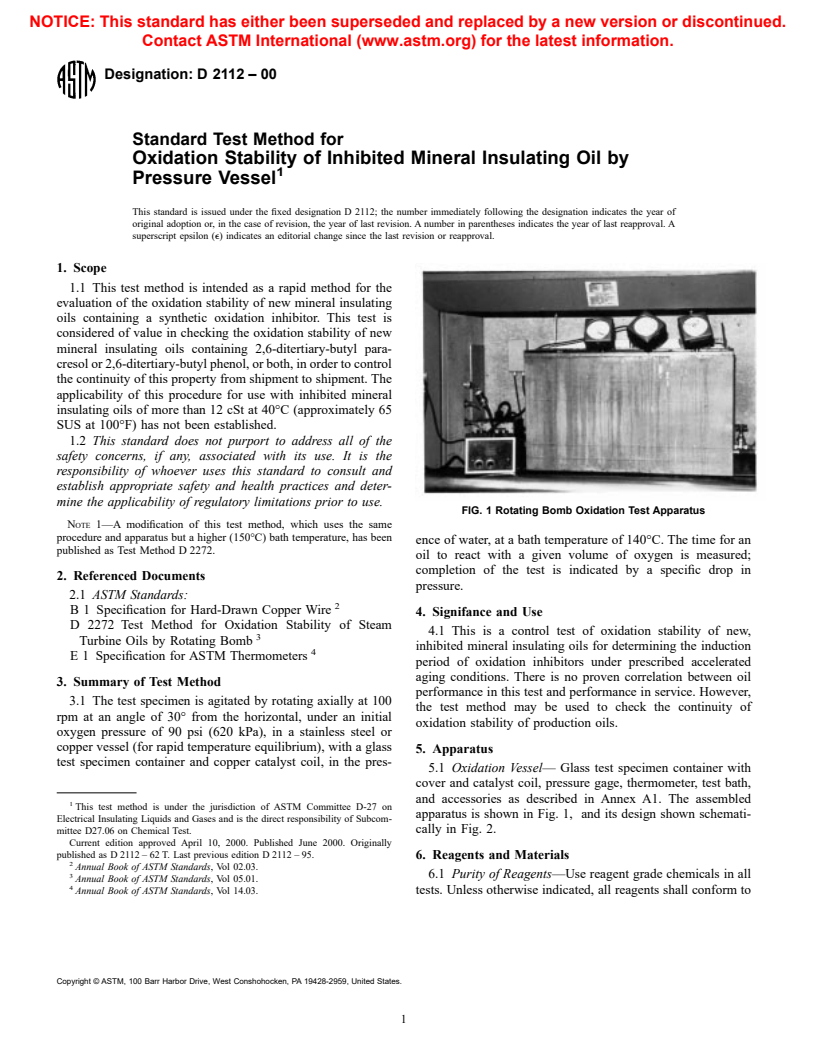 ASTM D2112-00 - Standard Test Method for Oxidation Stability of Inhibited Mineral Insulating Oil by Pressure Vessel