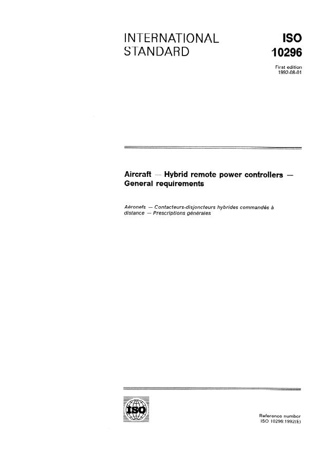 ISO 10296:1992 - Aircraft -- Hybrid remote power controllers -- General requirements
