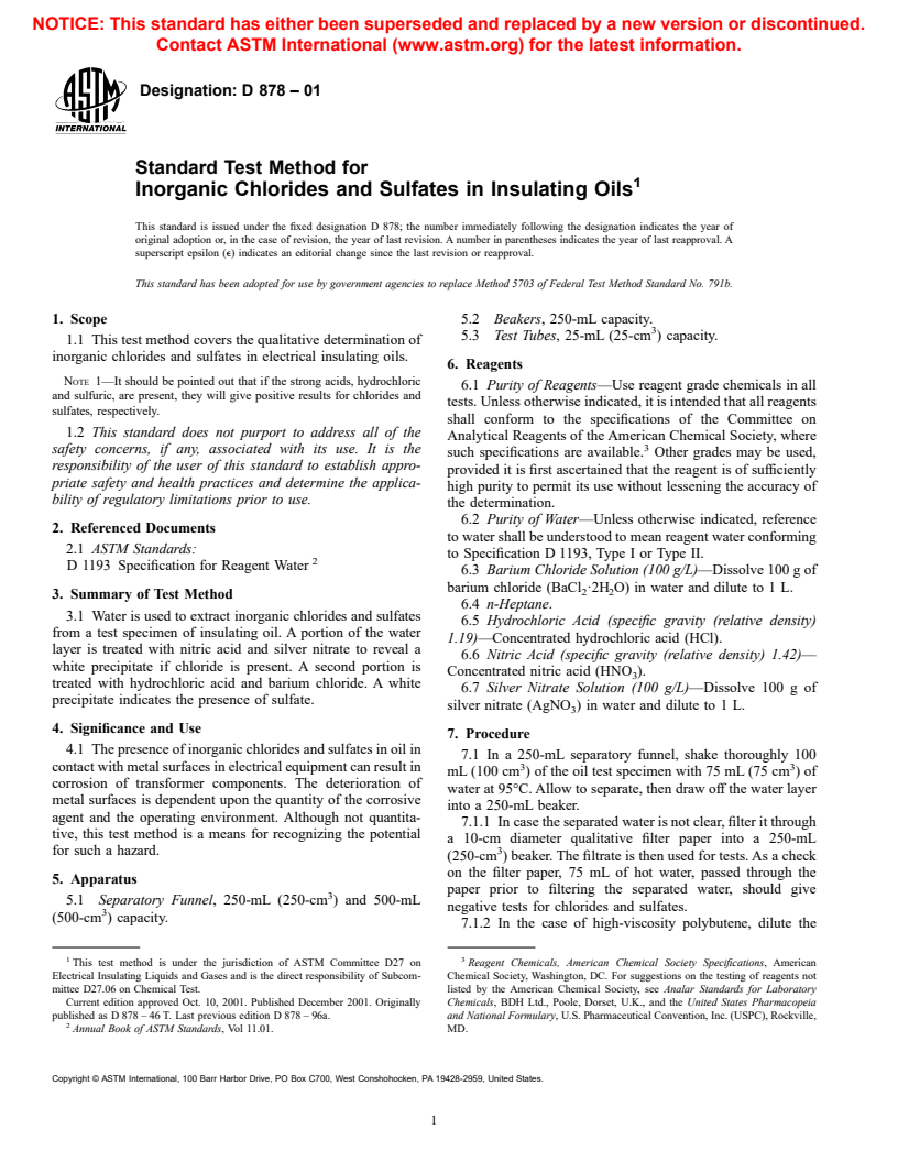 ASTM D878-01 - Standard Test Method for Inorganic Chlorides and Sulfates in Insulating Oils