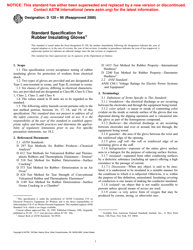 ASTM D120-95(2000) - Standard Specification for Rubber Insulating Gloves