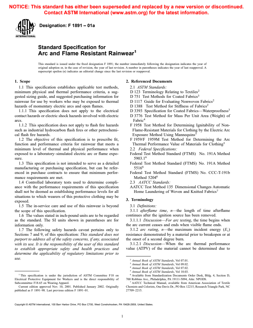 ASTM F1891-01a - Standard Specification for Arc and Flame Resistant Rainwear