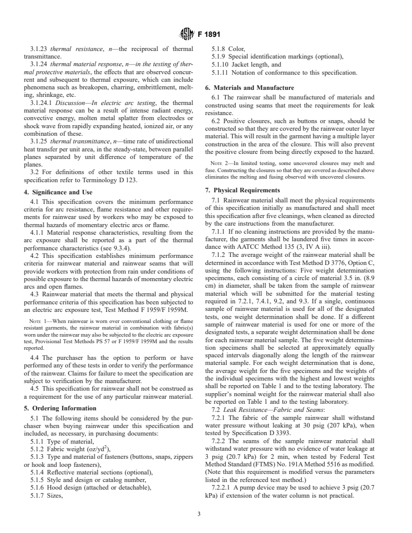 ASTM F1891-02 - Standard Specification for Arc and Flame Resistant Rainwear