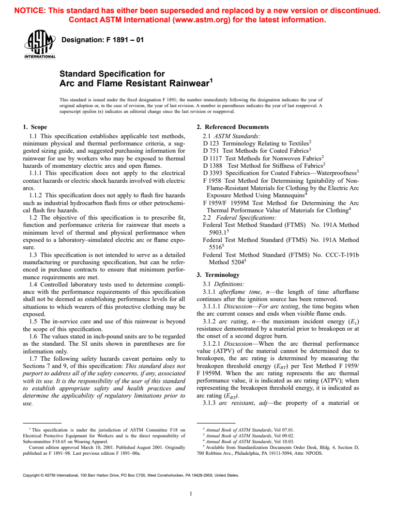 ASTM F1891-01 - Standard Specification for Arc and Flame Resistant Rainwear