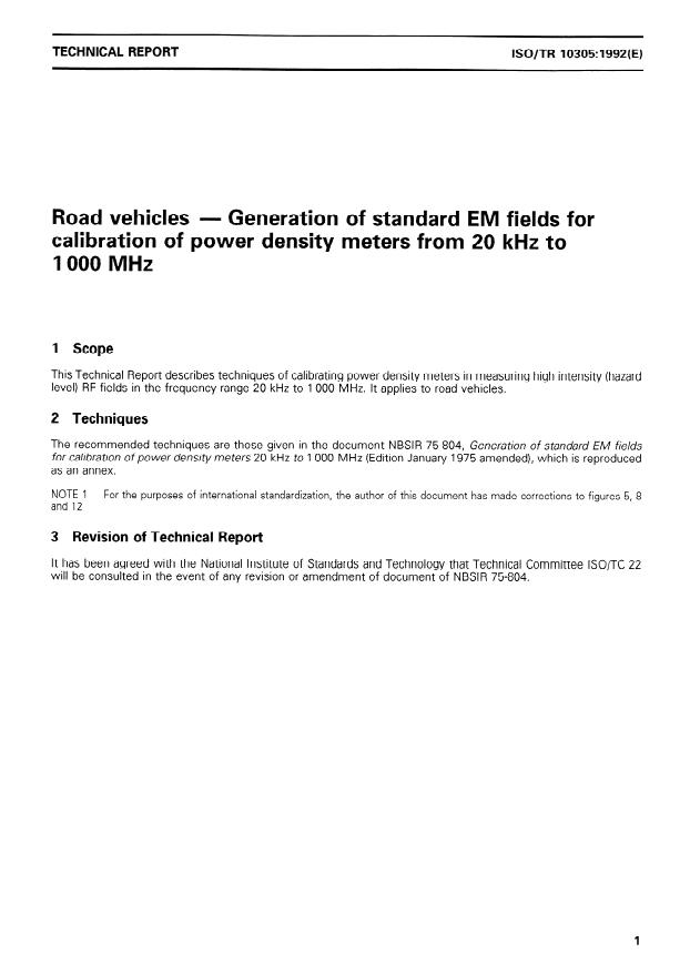 ISO/TR 10305:1992 - Road vehicles -- Generation of standard EM field for calibration of power density meters from 20 kHz to 1 000 MHz