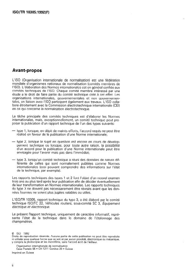 ISO/TR 10305:1992 ISO/TR 10305:1992 - Véhicules routiers -- Génération de champs électromagnétiques pour l'étalonnage des champmetres entre 20 kHz et 1 000 MHz - Page 2 preview