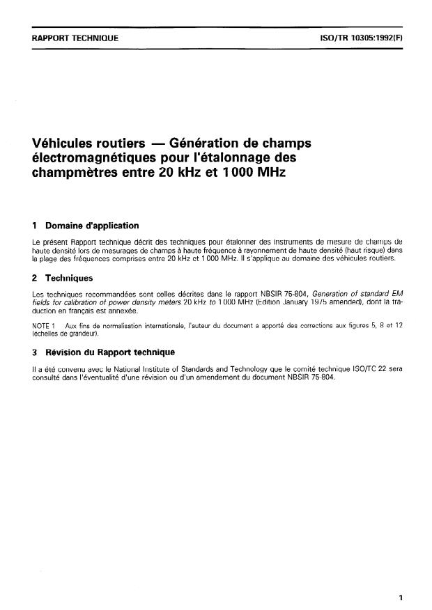 ISO/TR 10305:1992 - Véhicules routiers -- Génération de champs électromagnétiques pour l'étalonnage des champmetres entre 20 kHz et 1 000 MHz
