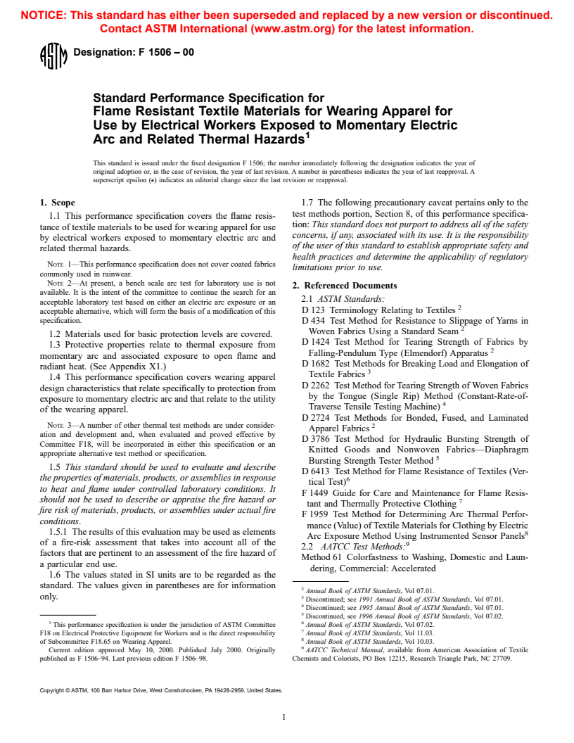 ASTM F1506-00 - Standard Performance Specification for Flame Resistant Textile Materials for Wearing Apparel for Use by Electrical Workers Exposed to Momentary Electric Arc and Related Thermal Hazards