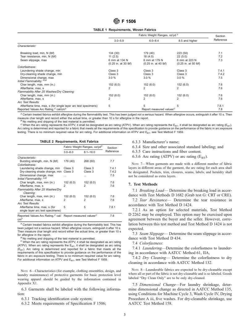 ASTM F1506-00 - Standard Performance Specification for Flame Resistant Textile Materials for Wearing Apparel for Use by Electrical Workers Exposed to Momentary Electric Arc and Related Thermal Hazards