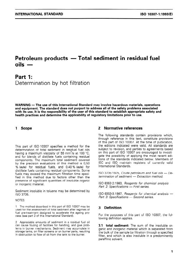 ISO 10307-1:1993 - Petroleum products -- Total sediment in residual fuel oils